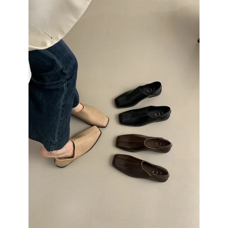 Loafer Flat Women - Retro Square Head Flat Leather Shoes