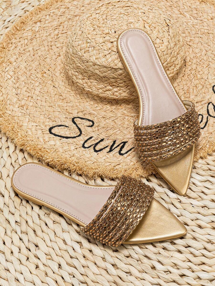 Pointed Toe Flat - Pointed Toe Rhinestone Slip-On Flat Sandals