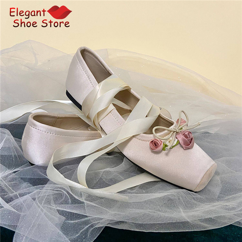 Loafer Flat Women - White Pink Rose Decor Satin Ballet