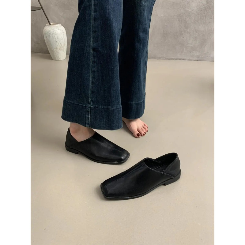 Retro Square Head Flat Leather - Loafer Flat Women ulasan dan harga